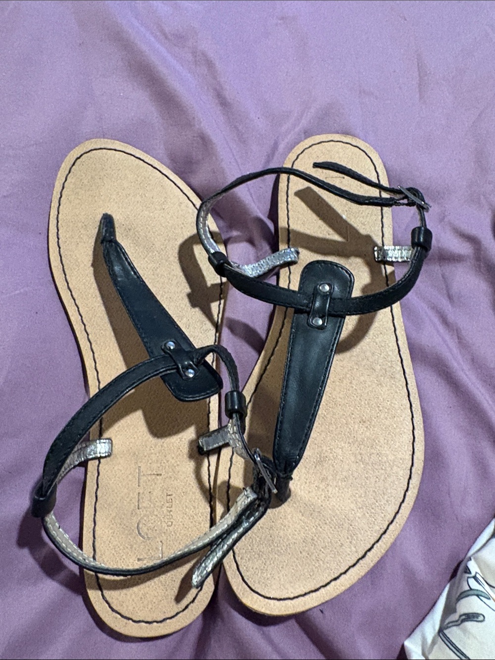 LOFT Black T-Strap Sandals with Tan Footbed